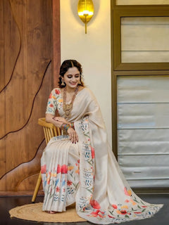 Ivory White Linen Cotton Saree with Watercolor Floral Print Border & Designer Floral Blouse