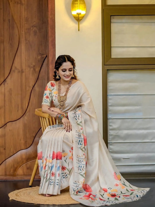 Ivory White Linen Cotton Saree with Watercolor Floral Print Border & Designer Floral Blouse