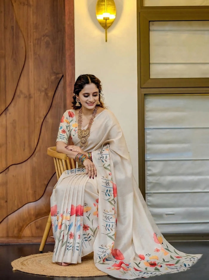 Ivory White Linen Cotton Saree with Watercolor Floral Print Border & Designer Floral Blouse