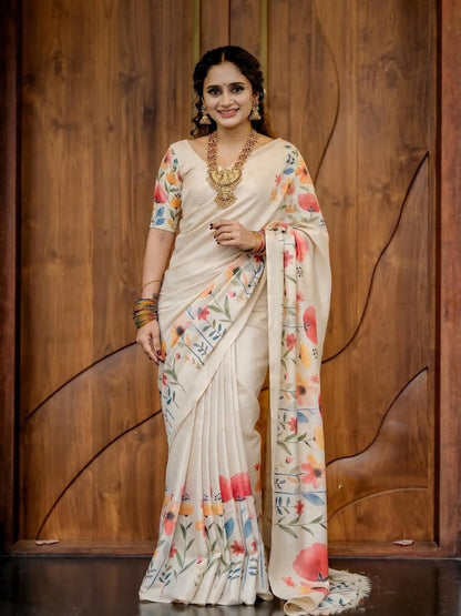 Ivory White Linen Cotton Saree with Watercolor Floral Print Border & Designer Floral Blouse
