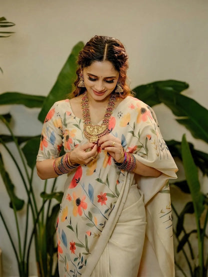 Ivory White Linen Cotton Saree with Watercolor Floral Print Border & Designer Floral Blouse