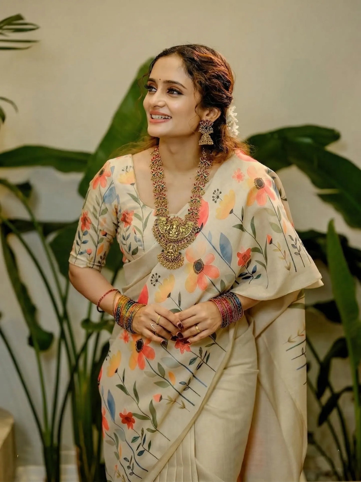 Ivory White Linen Cotton Saree with Watercolor Floral Print Border & Designer Floral Blouse