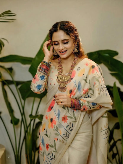 Ivory White Linen Cotton Saree with Watercolor Floral Print Border & Designer Floral Blouse