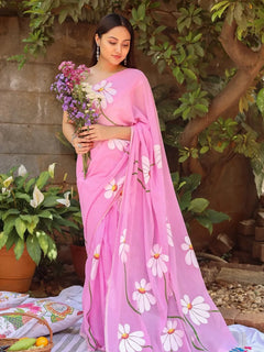 Baby Pink Floral Printed Cotton Linen Saree with White Daisy Print & Tassel Pallu