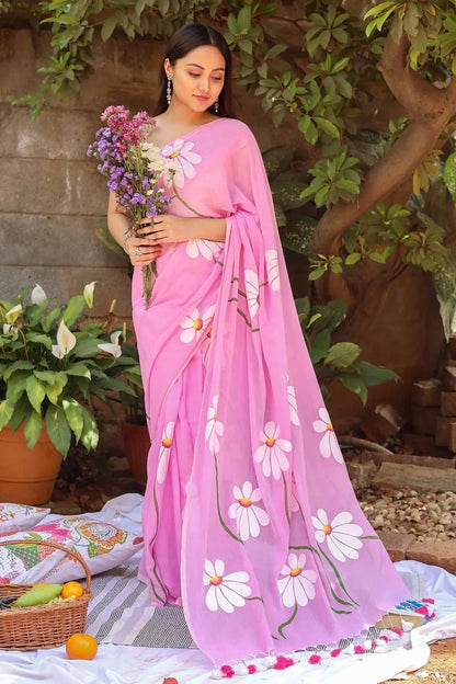 Baby Pink Floral Printed Cotton Linen Saree with White Daisy Print & Tassel Pallu