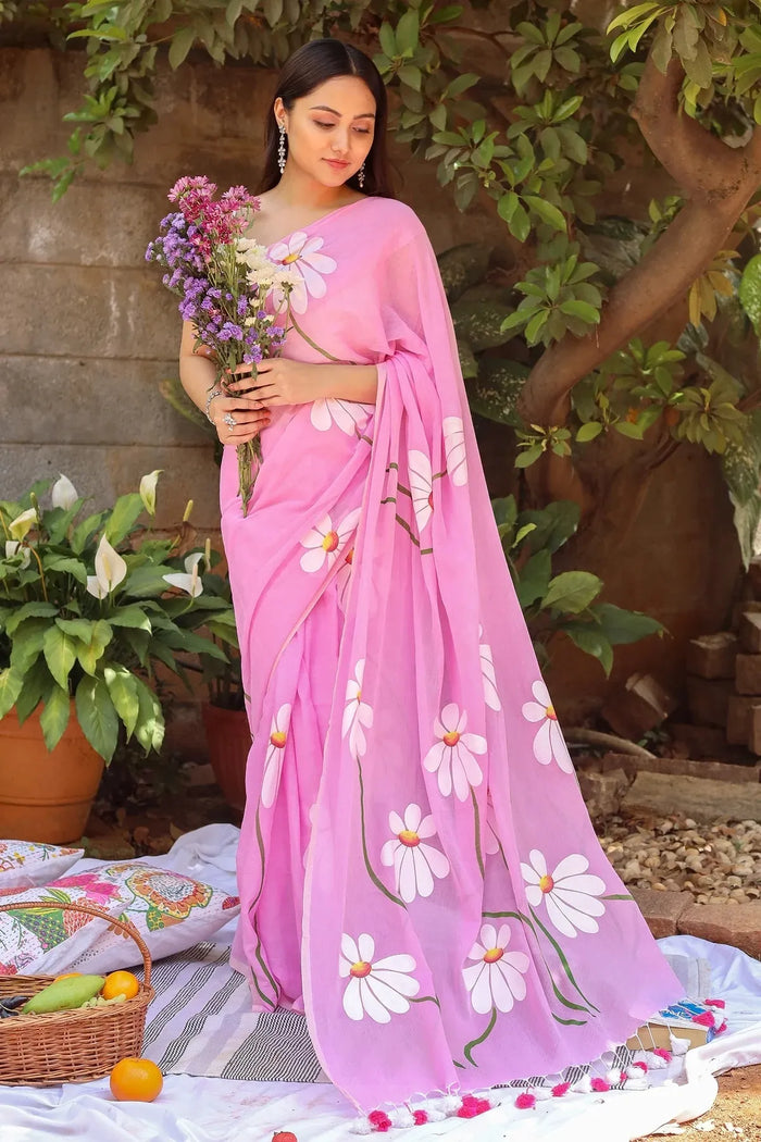 Baby Pink Floral Printed Cotton Linen Saree with White Daisy Print & Tassel Pallu