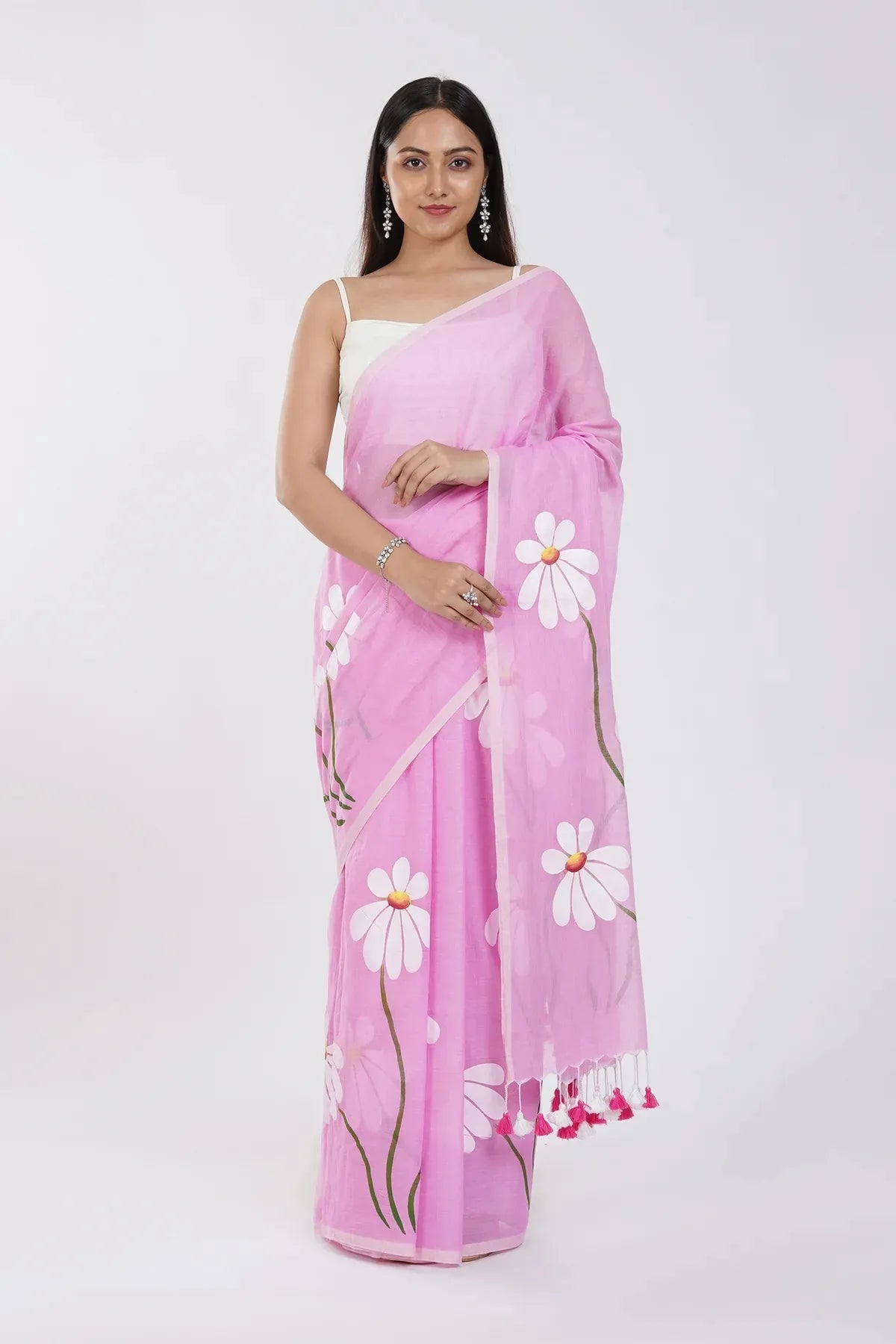 Baby Pink Floral Printed Cotton Linen Saree with White Daisy Print & Tassel Pallu