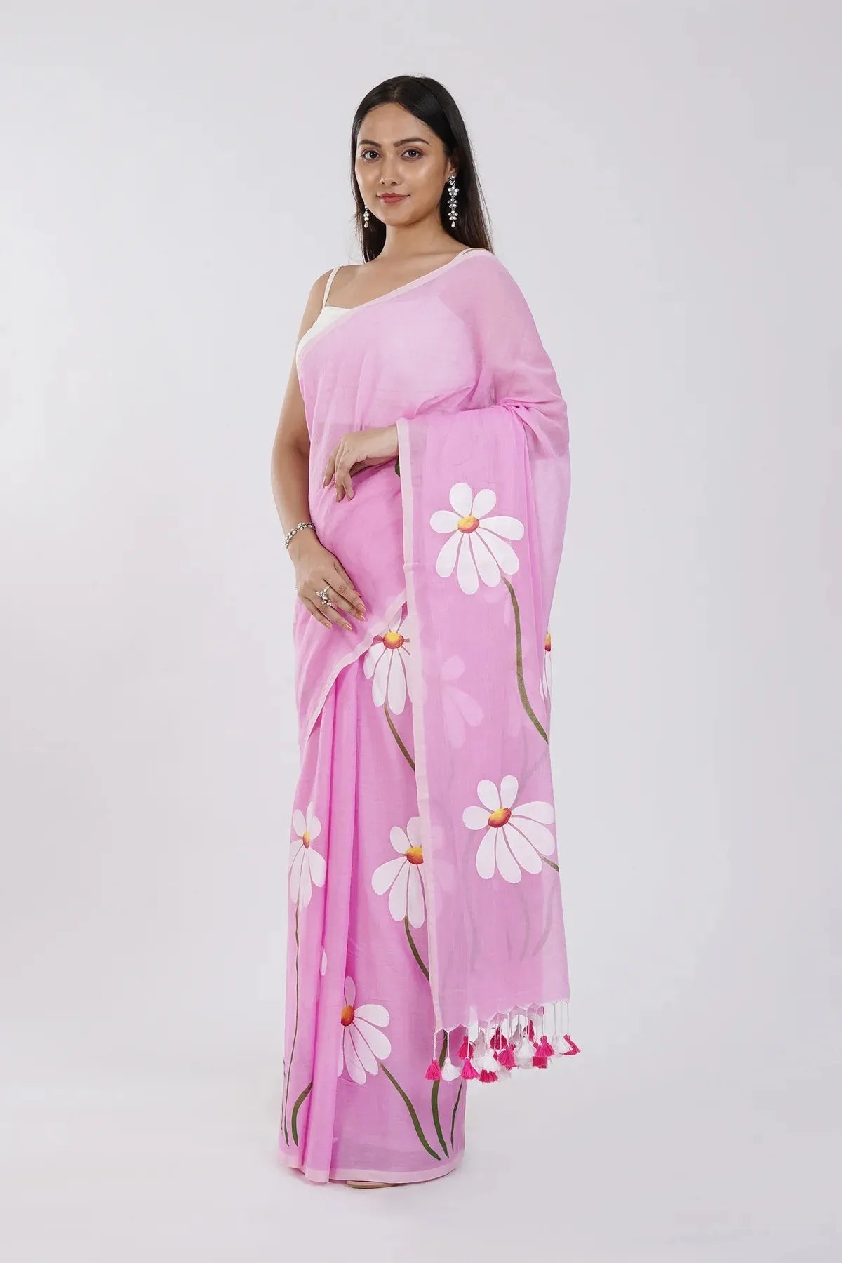 Baby Pink Floral Printed Cotton Linen Saree with White Daisy Print & Tassel Pallu
