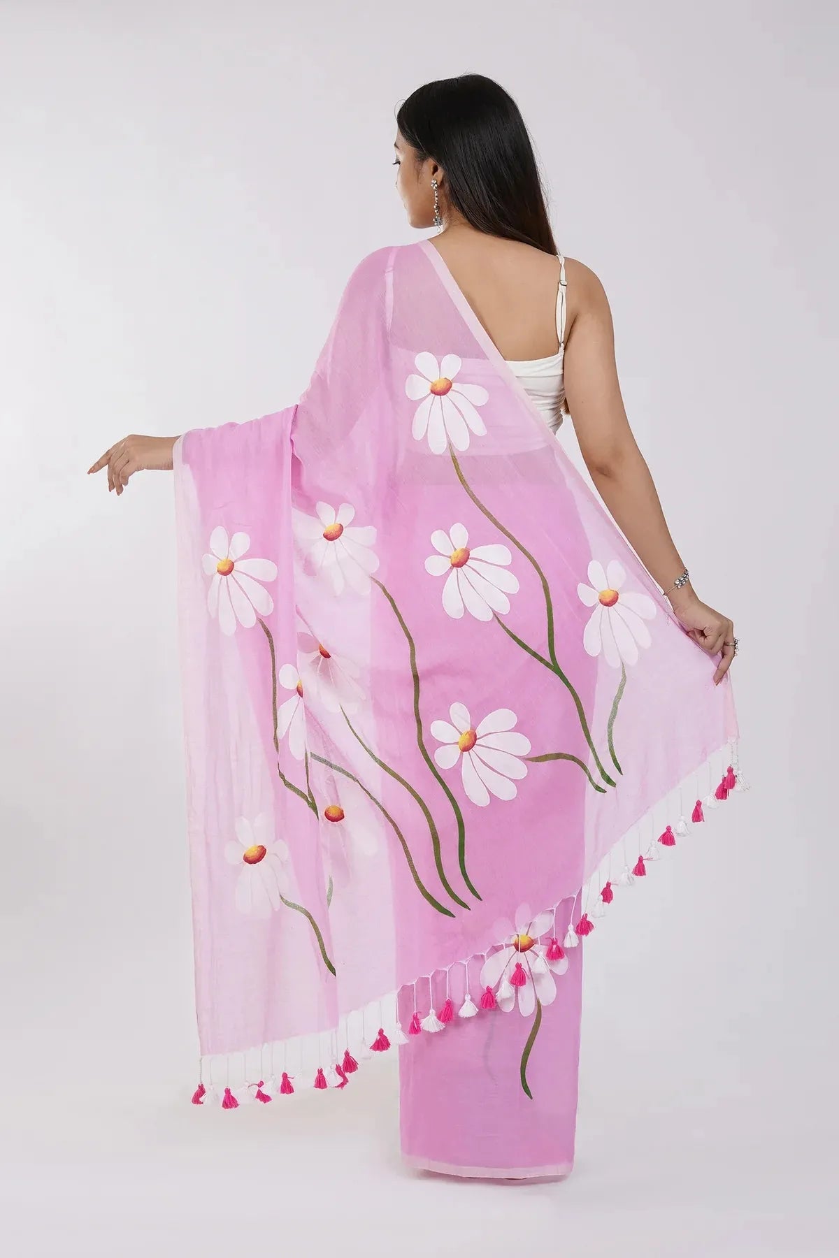 Baby Pink Floral Printed Cotton Linen Saree with White Daisy Print & Tassel Pallu