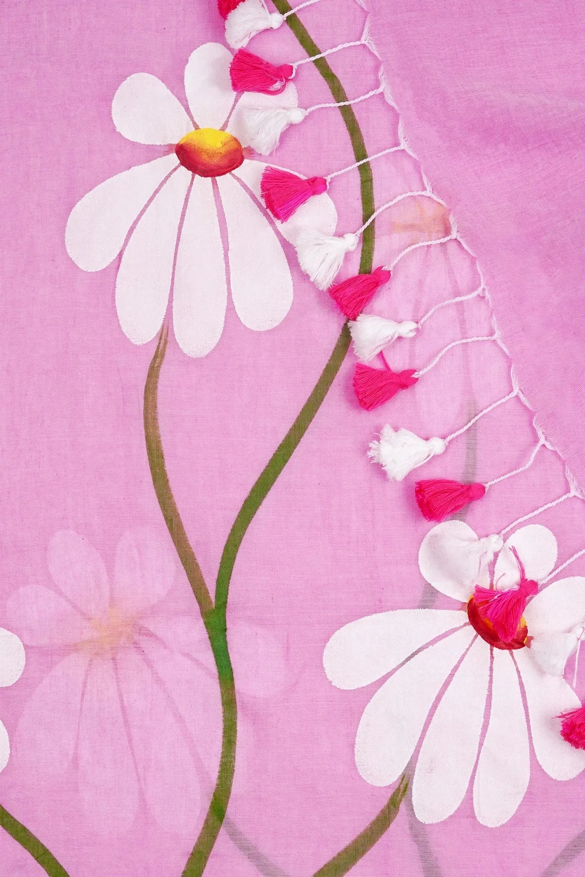 Baby Pink Floral Printed Cotton Linen Saree with White Daisy Print & Tassel Pallu