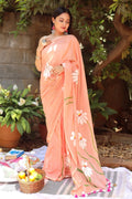 Peach Orange Floral Printed Cotton Linen Saree with White Daisy Print & Dual Tassel Pallu