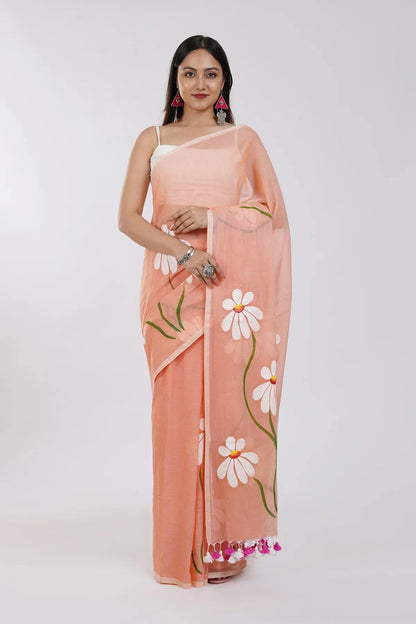 Peach Orange Floral Printed Cotton Linen Saree with White Daisy Print & Dual Tassel Pallu