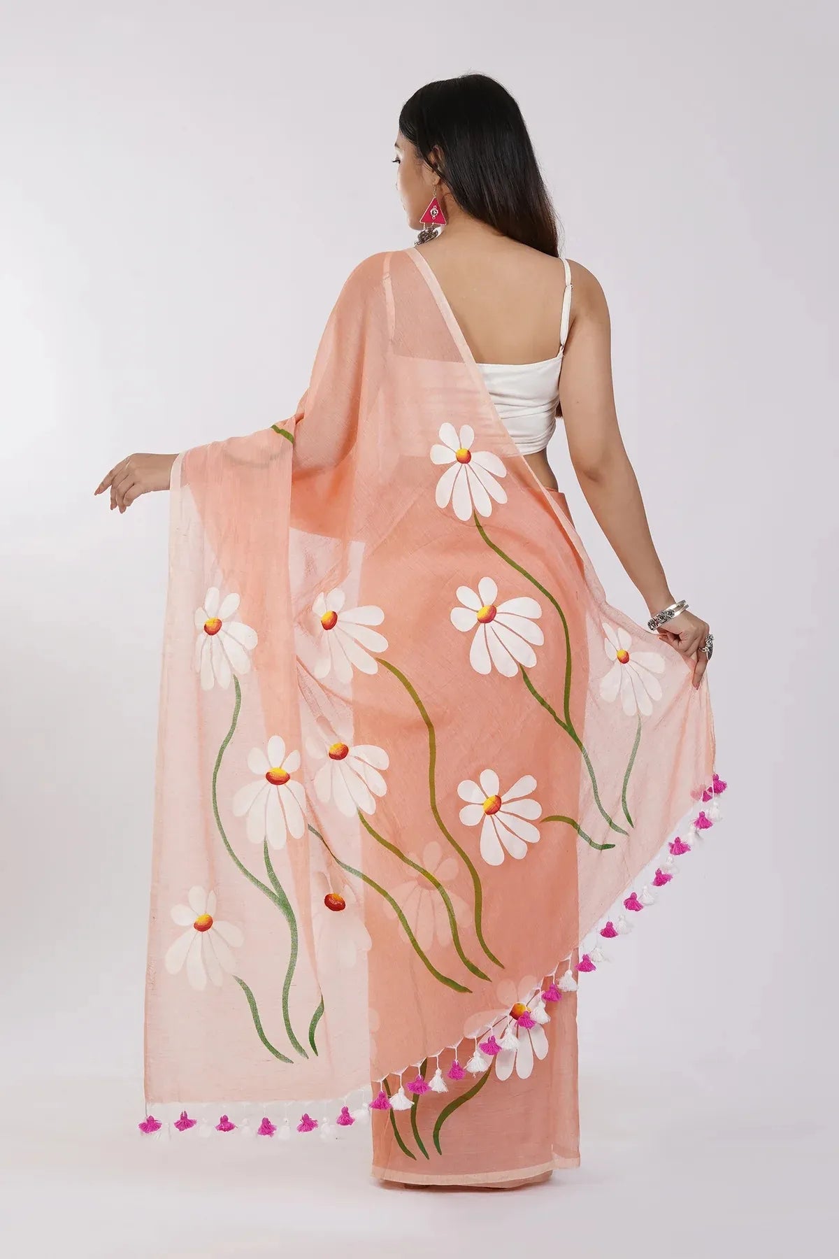 Peach Orange Floral Printed Cotton Linen Saree with White Daisy Print & Dual Tassel Pallu