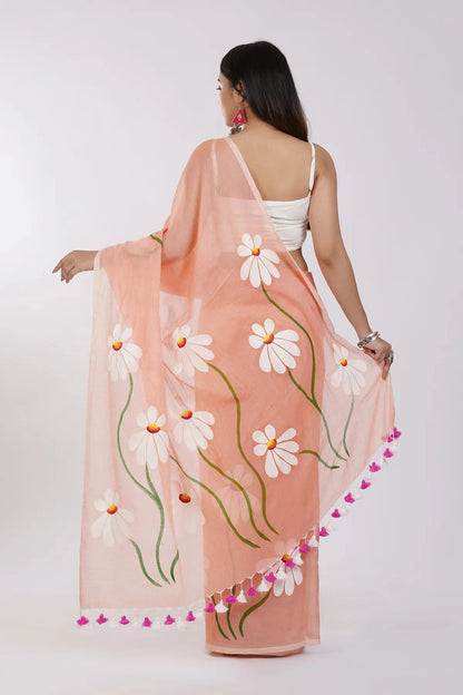 Peach Orange Floral Printed Cotton Linen Saree with White Daisy Print & Dual Tassel Pallu