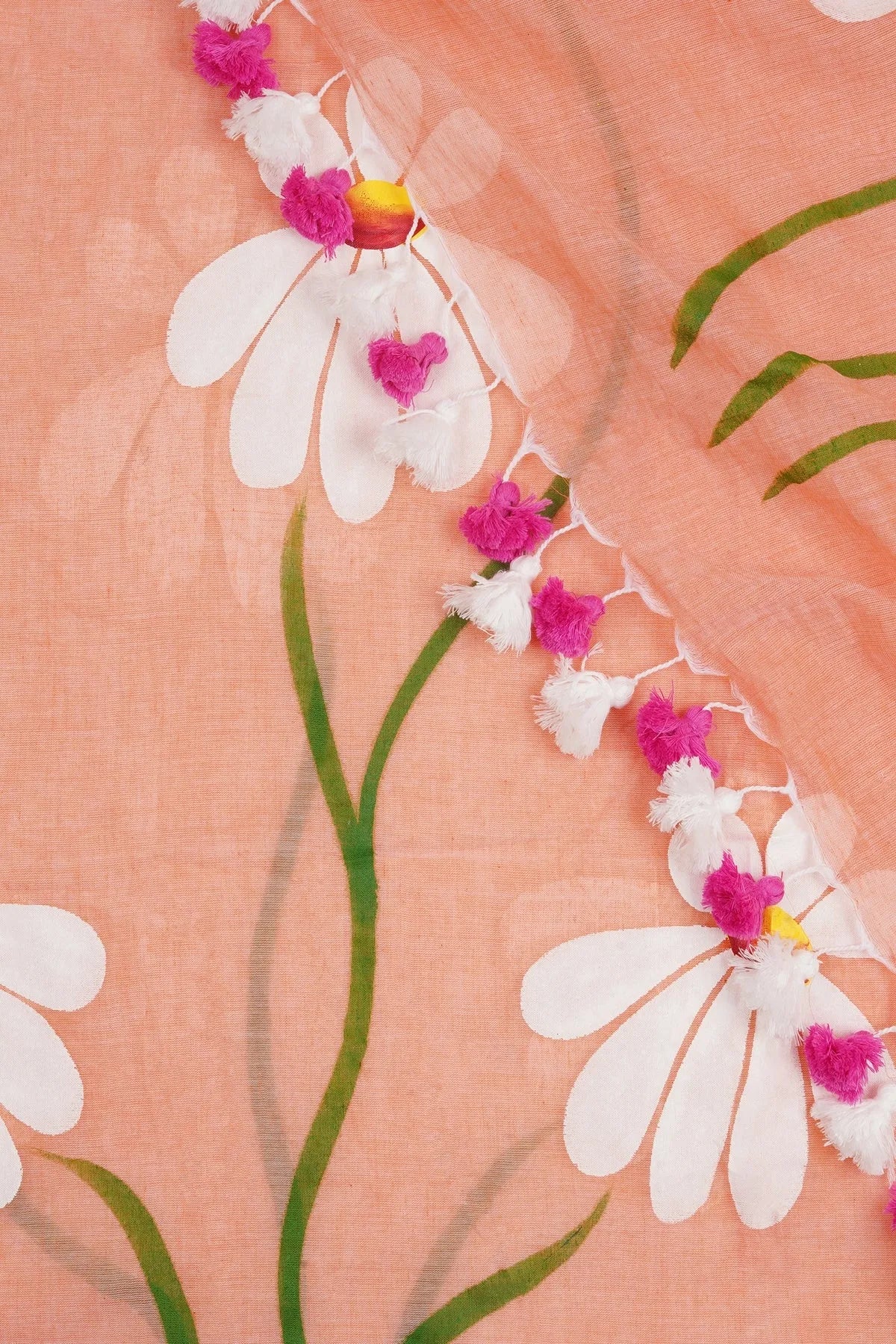 Peach Orange Floral Printed Cotton Linen Saree with White Daisy Print & Dual Tassel Pallu