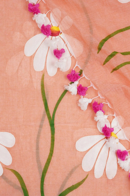 Peach Orange Floral Printed Cotton Linen Saree with White Daisy Print & Dual Tassel Pallu