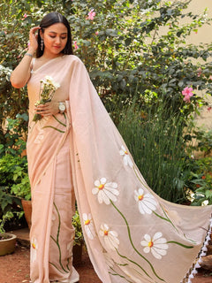 Peach Floral Printed Cotton Linen Saree with White Daisy Print & White Tassel Pallu