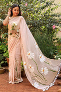 Peach Floral Printed Cotton Linen Saree with White Daisy Print & White Tassel Pallu