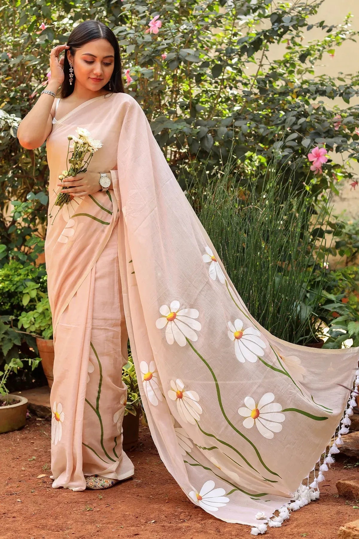 Peach Floral Printed Cotton Linen Saree with White Daisy Print & White Tassel Pallu