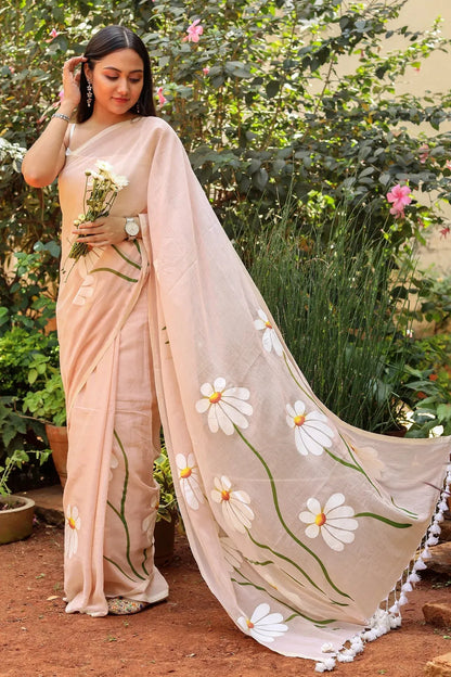 Peach Floral Printed Cotton Linen Saree with White Daisy Print & White Tassel Pallu