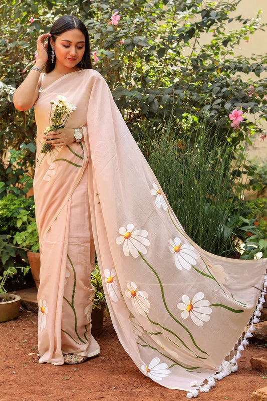 Peach Floral Printed Cotton Linen Saree with White Daisy Print & White Tassel Pallu
