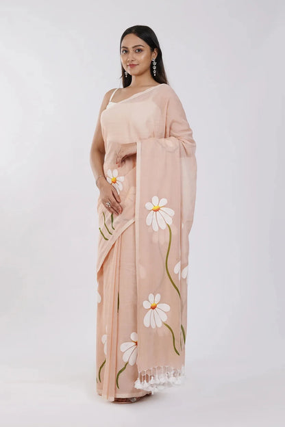 Peach Floral Printed Cotton Linen Saree with White Daisy Print & White Tassel Pallu