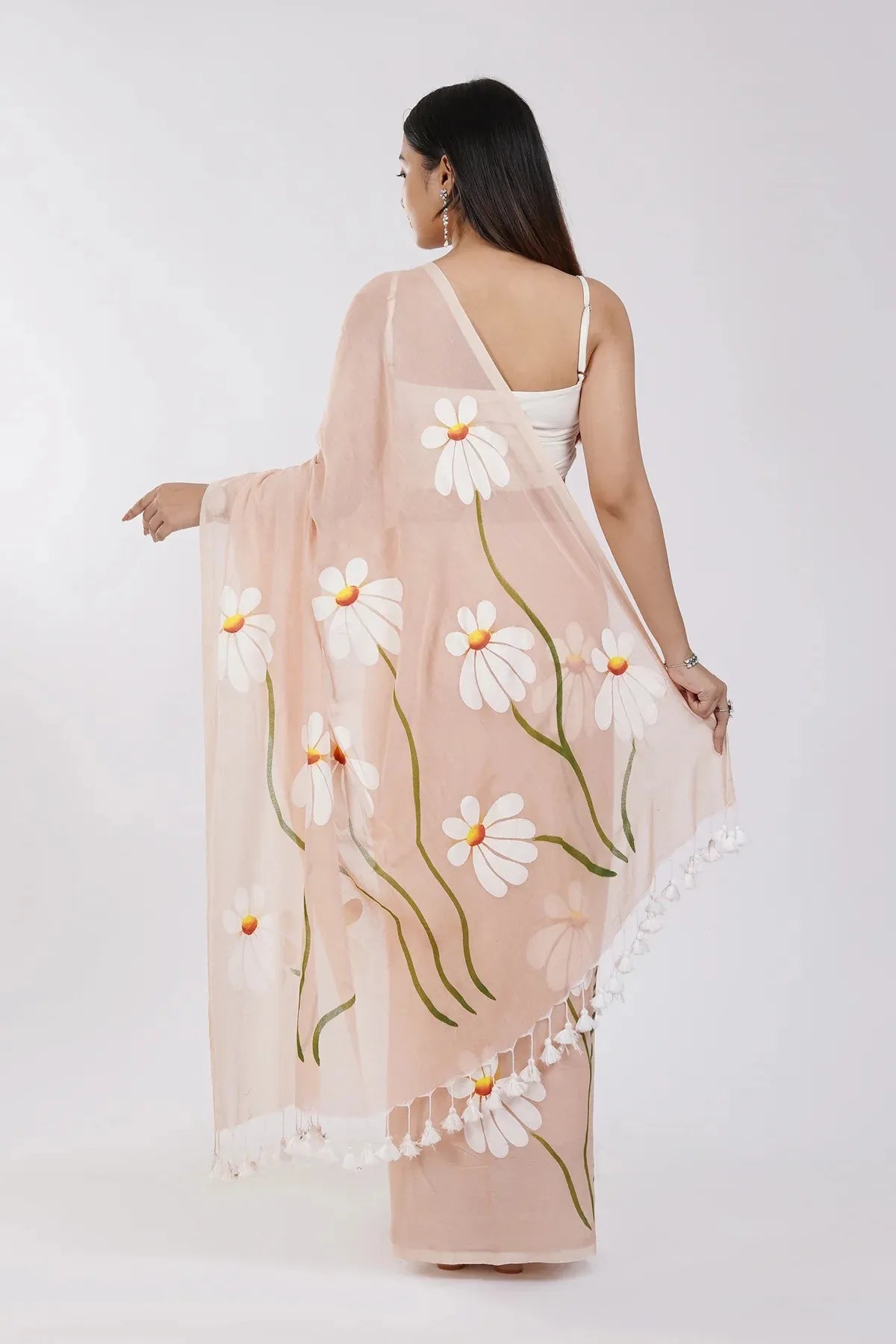 Peach Floral Printed Cotton Linen Saree with White Daisy Print & White Tassel Pallu