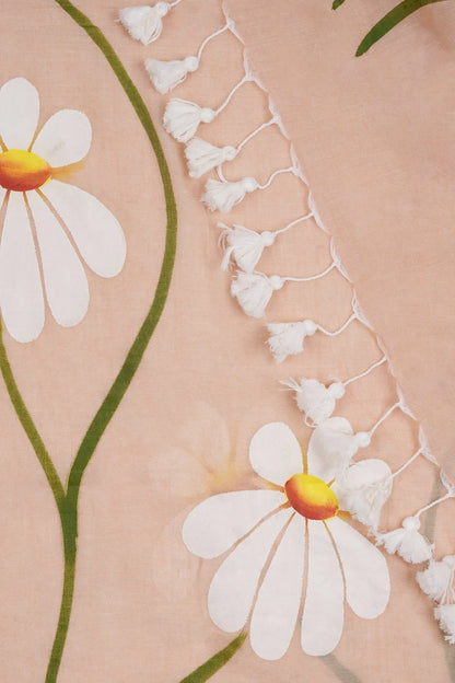 Peach Floral Printed Cotton Linen Saree with White Daisy Print & White Tassel Pallu