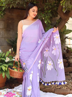 Lavender Purple Floral Printed Cotton Linen Saree with White Daisy Print & Tassel Pallu