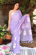 Lavender Purple Floral Printed Cotton Linen Saree with White Daisy Print & Tassel Pallu