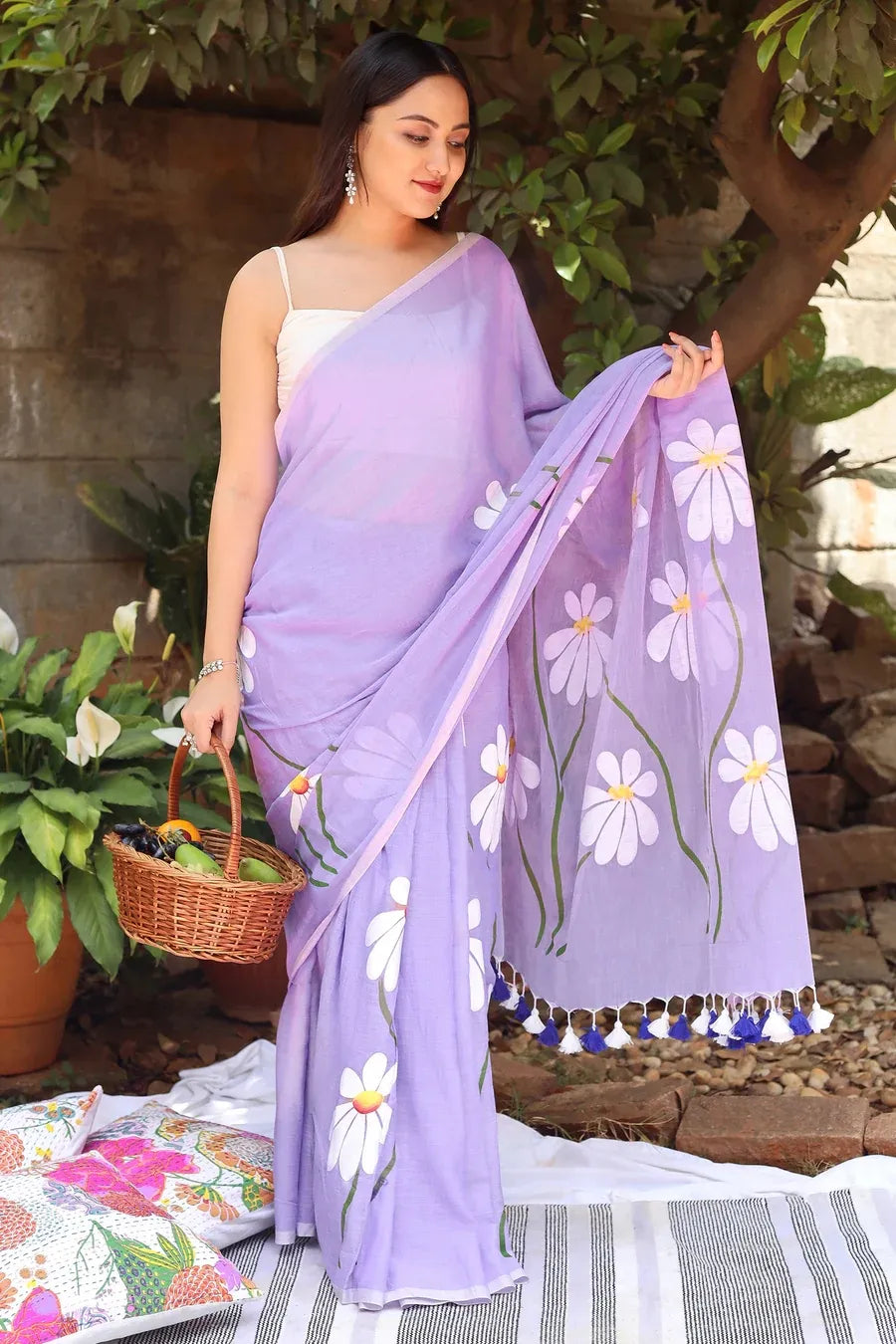 Lavender Purple Floral Printed Cotton Linen Saree with White Daisy Print & Tassel Pallu