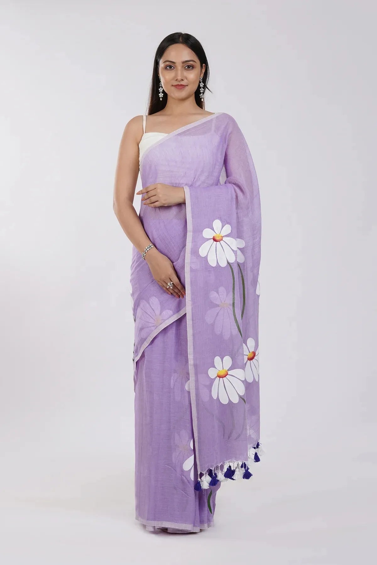 Lavender Purple Floral Printed Cotton Linen Saree with White Daisy Print & Tassel Pallu