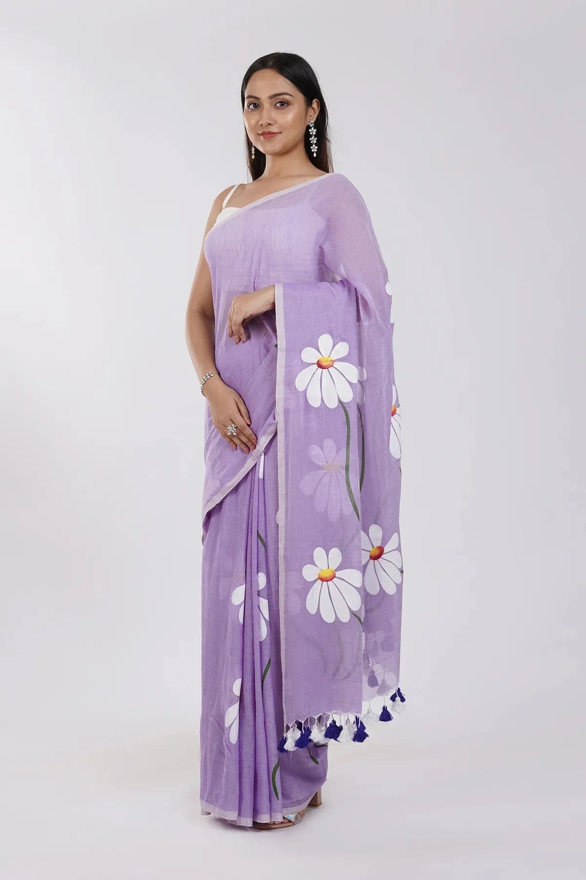 Lavender Purple Floral Printed Cotton Linen Saree with White Daisy Print & Tassel Pallu