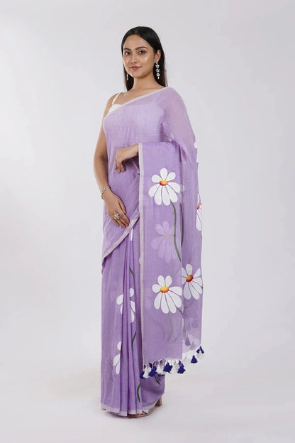 Lavender Purple Floral Printed Cotton Linen Saree with White Daisy Print & Tassel Pallu
