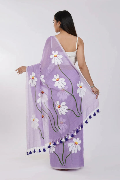 Lavender Purple Floral Printed Cotton Linen Saree with White Daisy Print & Tassel Pallu