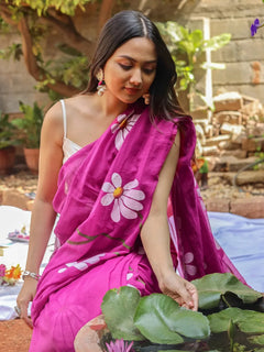 Rani Pink Floral Printed Cotton Linen Saree with White Daisy Print & Dual Tassel Pallu