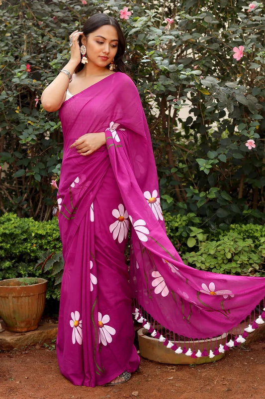 Rani Pink Floral Printed Cotton Linen Saree with White Daisy Print & Dual Tassel Pallu