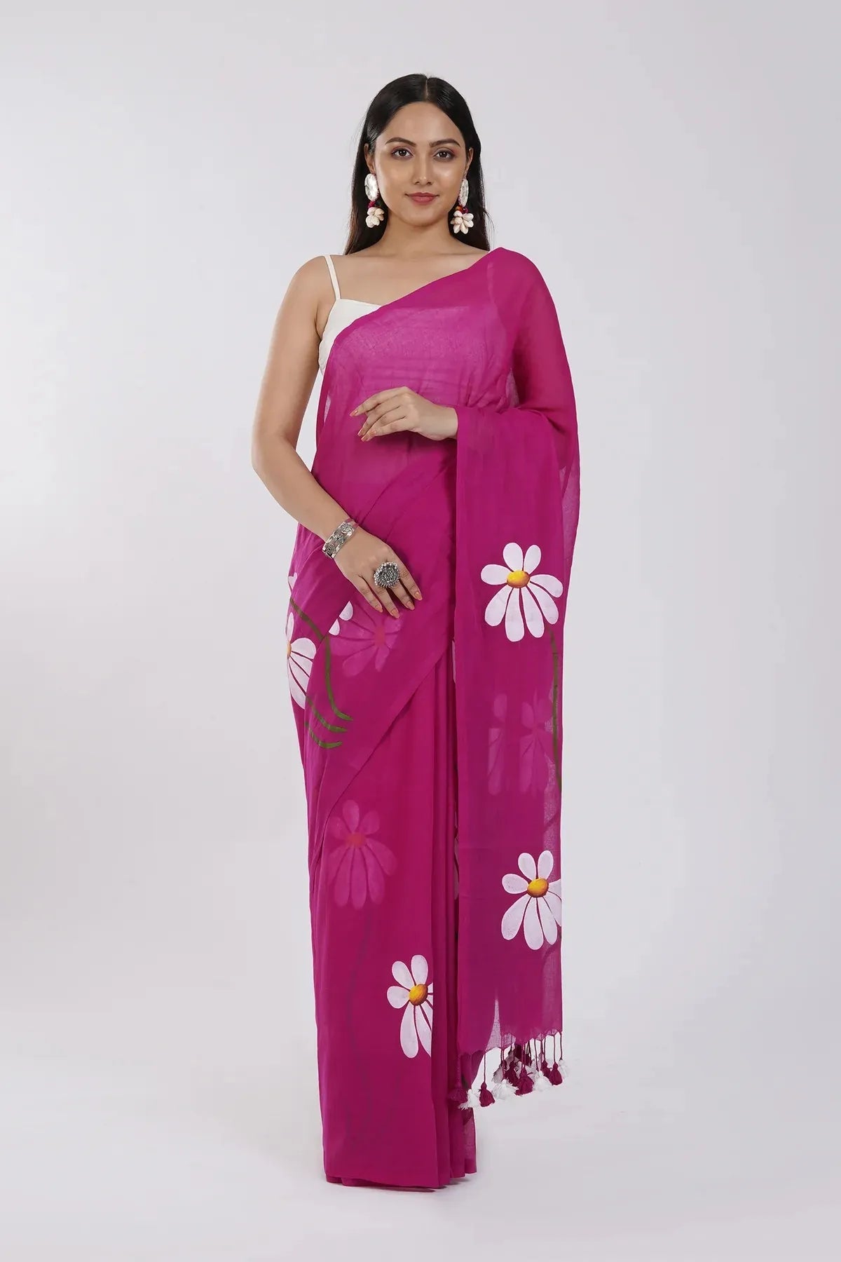 Rani Pink Floral Printed Cotton Linen Saree with White Daisy Print & Dual Tassel Pallu