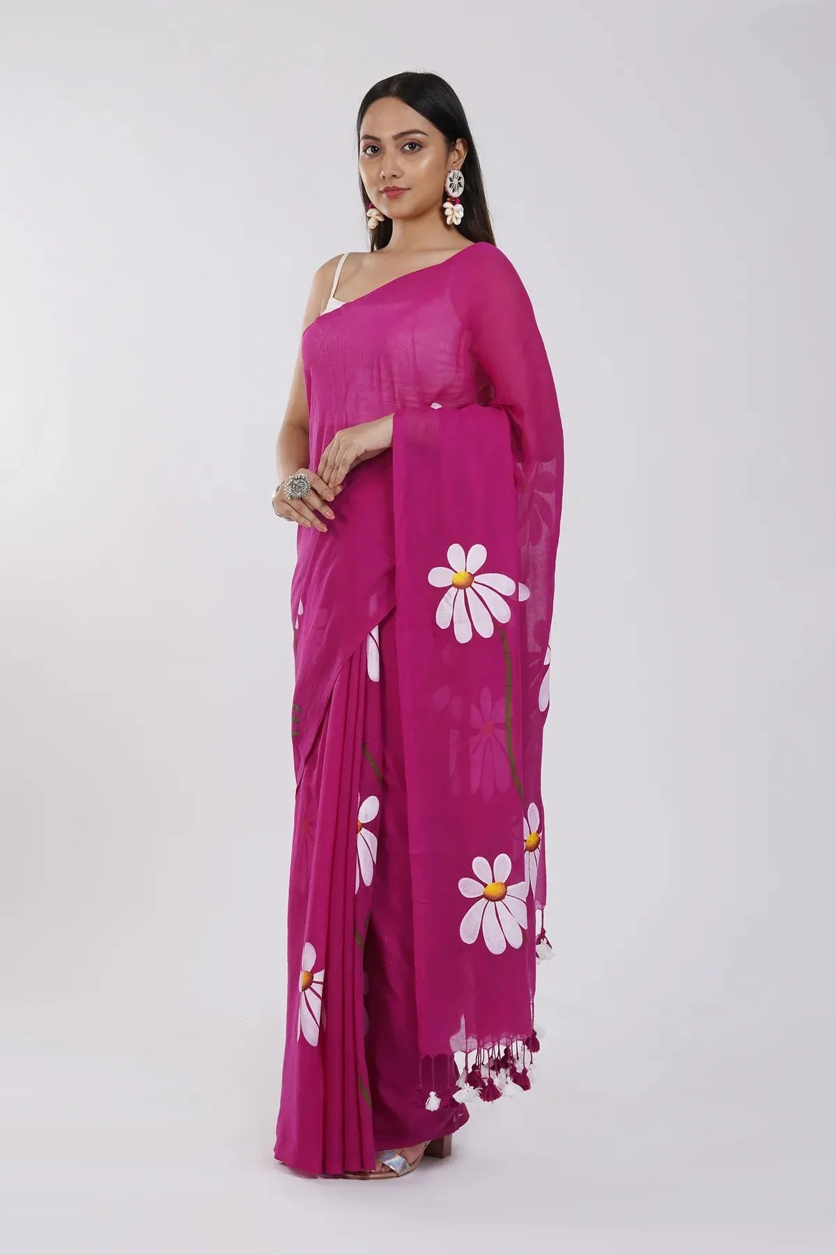 Rani Pink Floral Printed Cotton Linen Saree with White Daisy Print & Dual Tassel Pallu