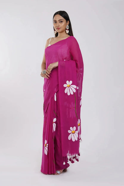 Rani Pink Floral Printed Cotton Linen Saree with White Daisy Print & Dual Tassel Pallu