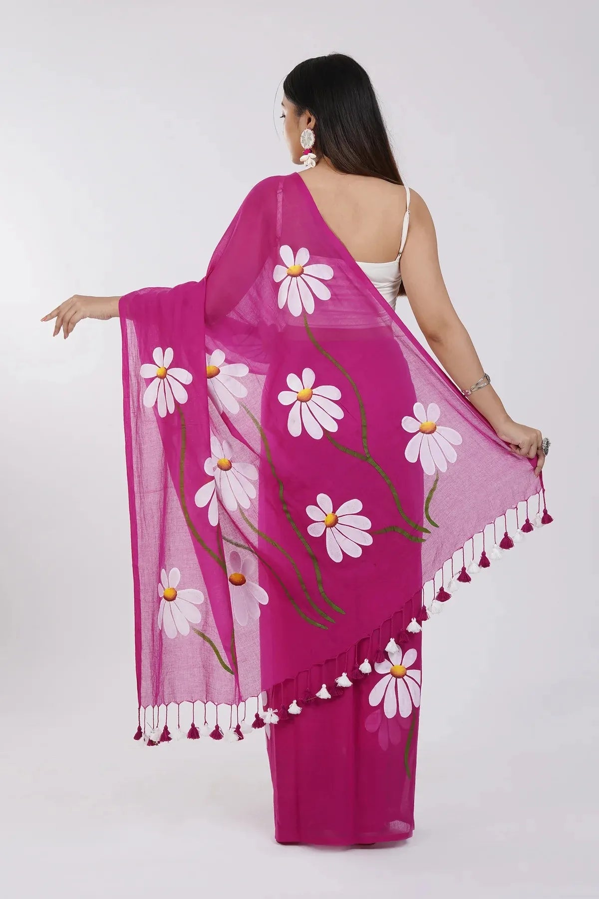 Rani Pink Floral Printed Cotton Linen Saree with White Daisy Print & Dual Tassel Pallu