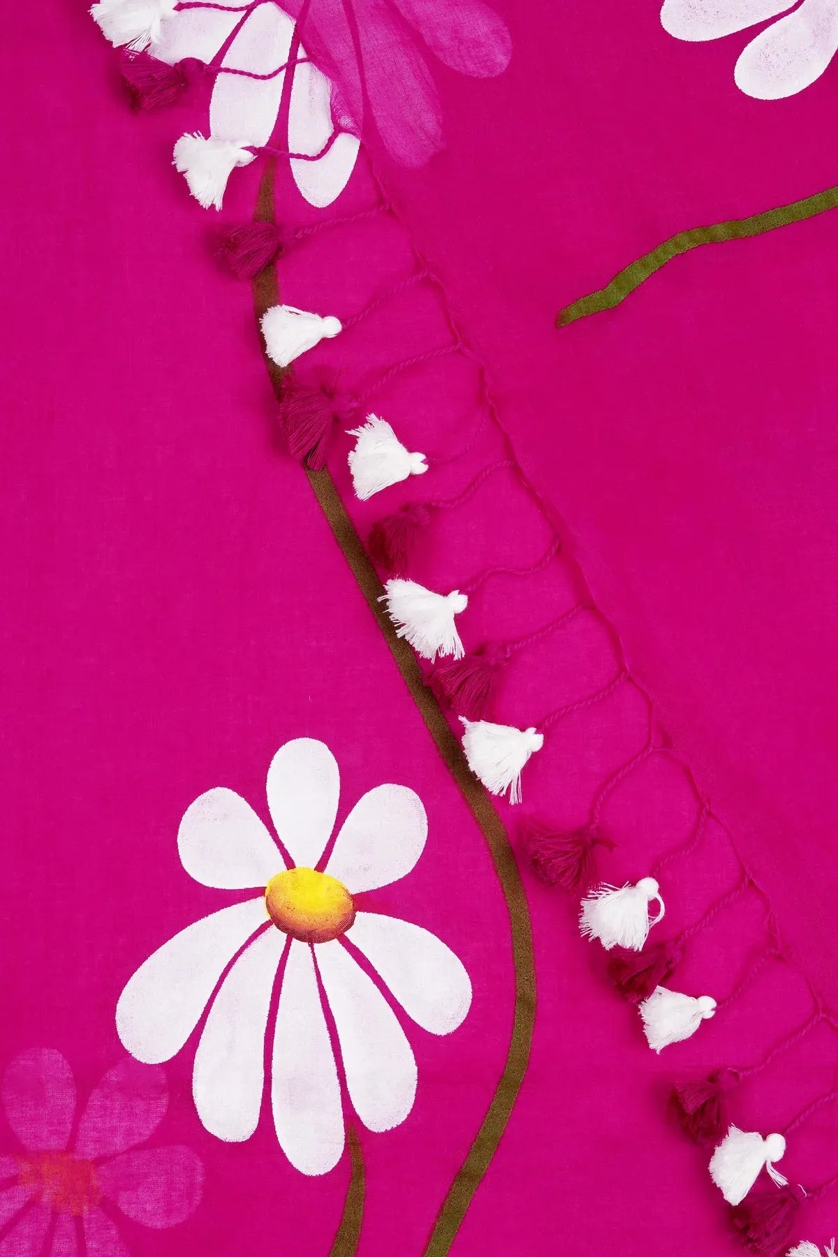 Rani Pink Floral Printed Cotton Linen Saree with White Daisy Print & Dual Tassel Pallu