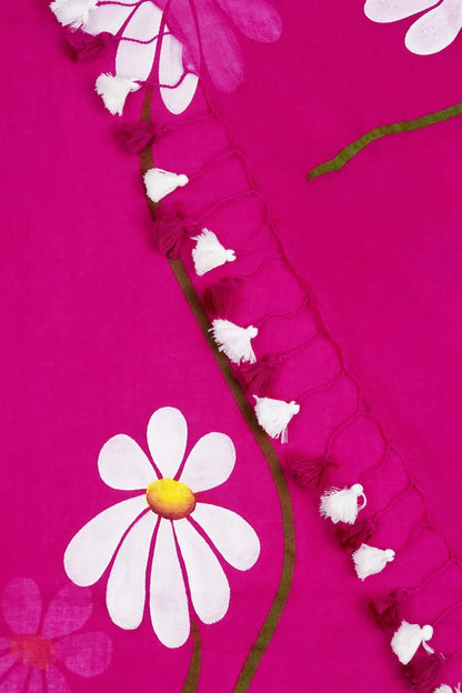 Rani Pink Floral Printed Cotton Linen Saree with White Daisy Print & Dual Tassel Pallu