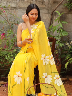Sunshine Yellow Floral Printed Cotton Linen Saree with White Daisy Print & Tassel Pallu