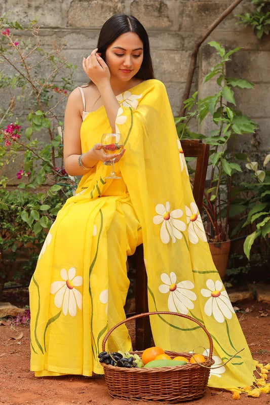 Sunshine Yellow Floral Printed Cotton Linen Saree with White Daisy Print & Tassel Pallu