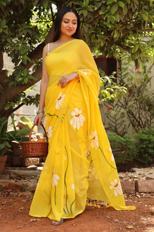 Sunshine Yellow Floral Printed Cotton Linen Saree with White Daisy Print & Tassel Pallu