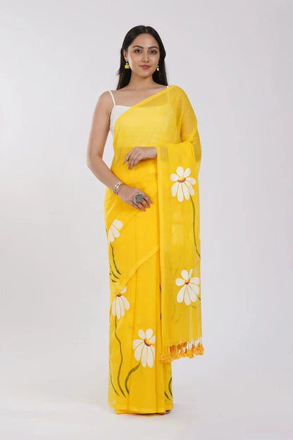 Sunshine Yellow Floral Printed Cotton Linen Saree with White Daisy Print & Tassel Pallu