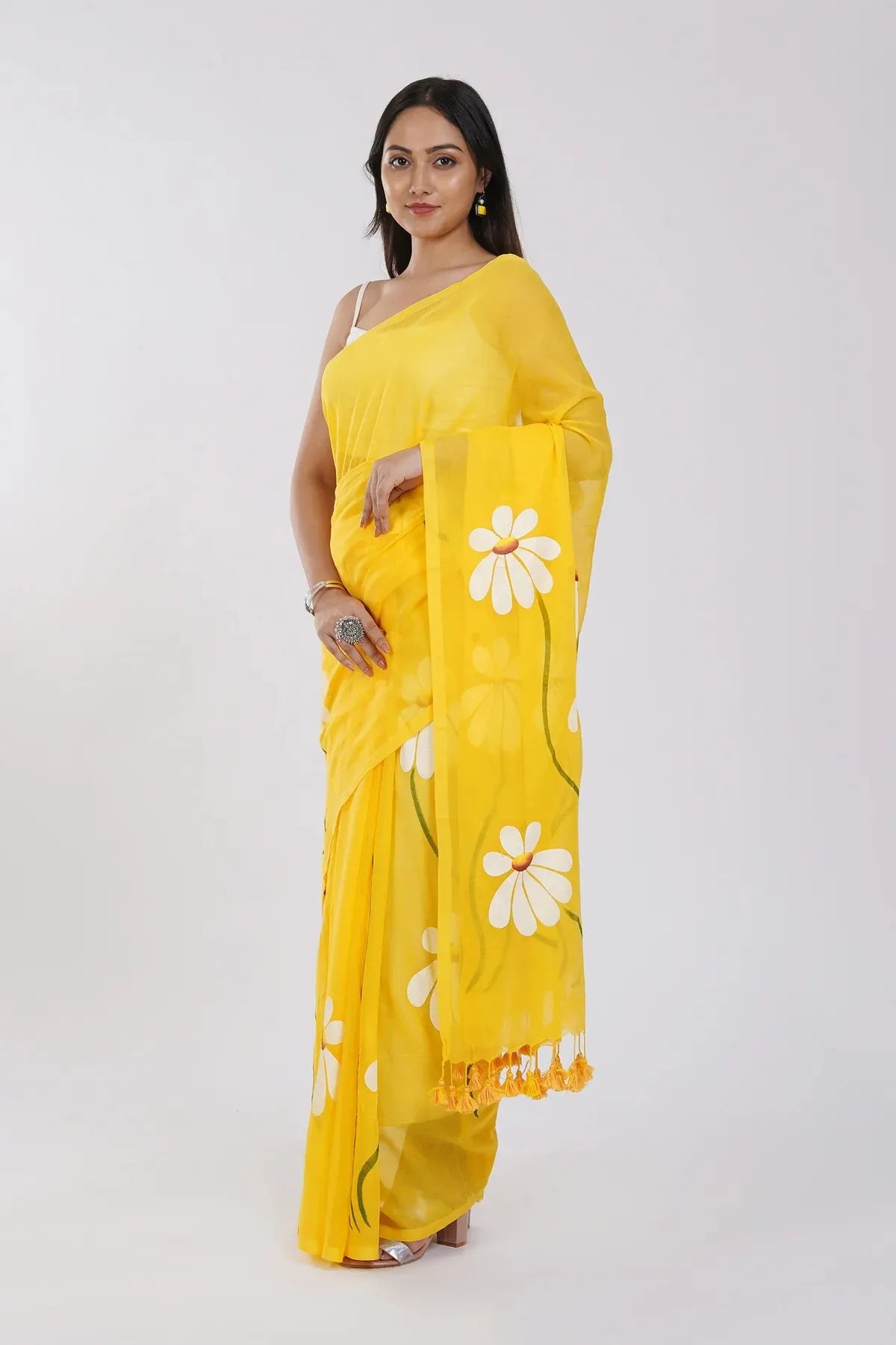 Sunshine Yellow Floral Printed Cotton Linen Saree with White Daisy Print & Tassel Pallu