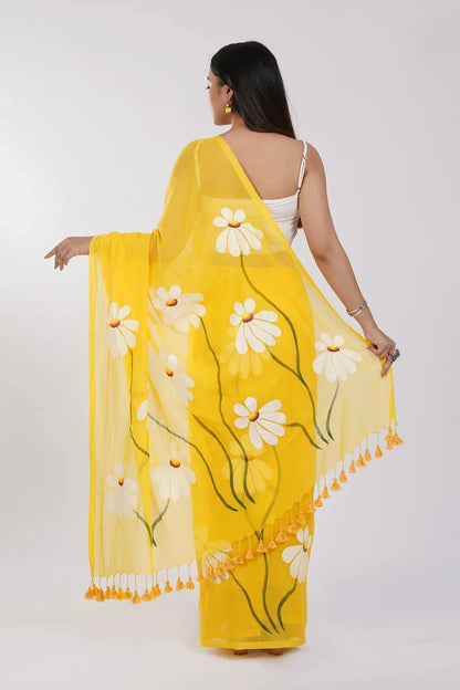 Sunshine Yellow Floral Printed Cotton Linen Saree with White Daisy Print & Tassel Pallu