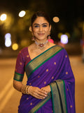 Royal Purple Cotton Silk Saree with Emerald Green Zari Border & Contrast Maroon Blouse